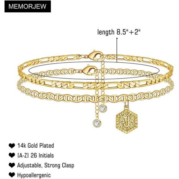 Initial Ankle Bracelets for Women,14K Gold Plated Double Layered Initial Anklets - Picture 2 of 7
